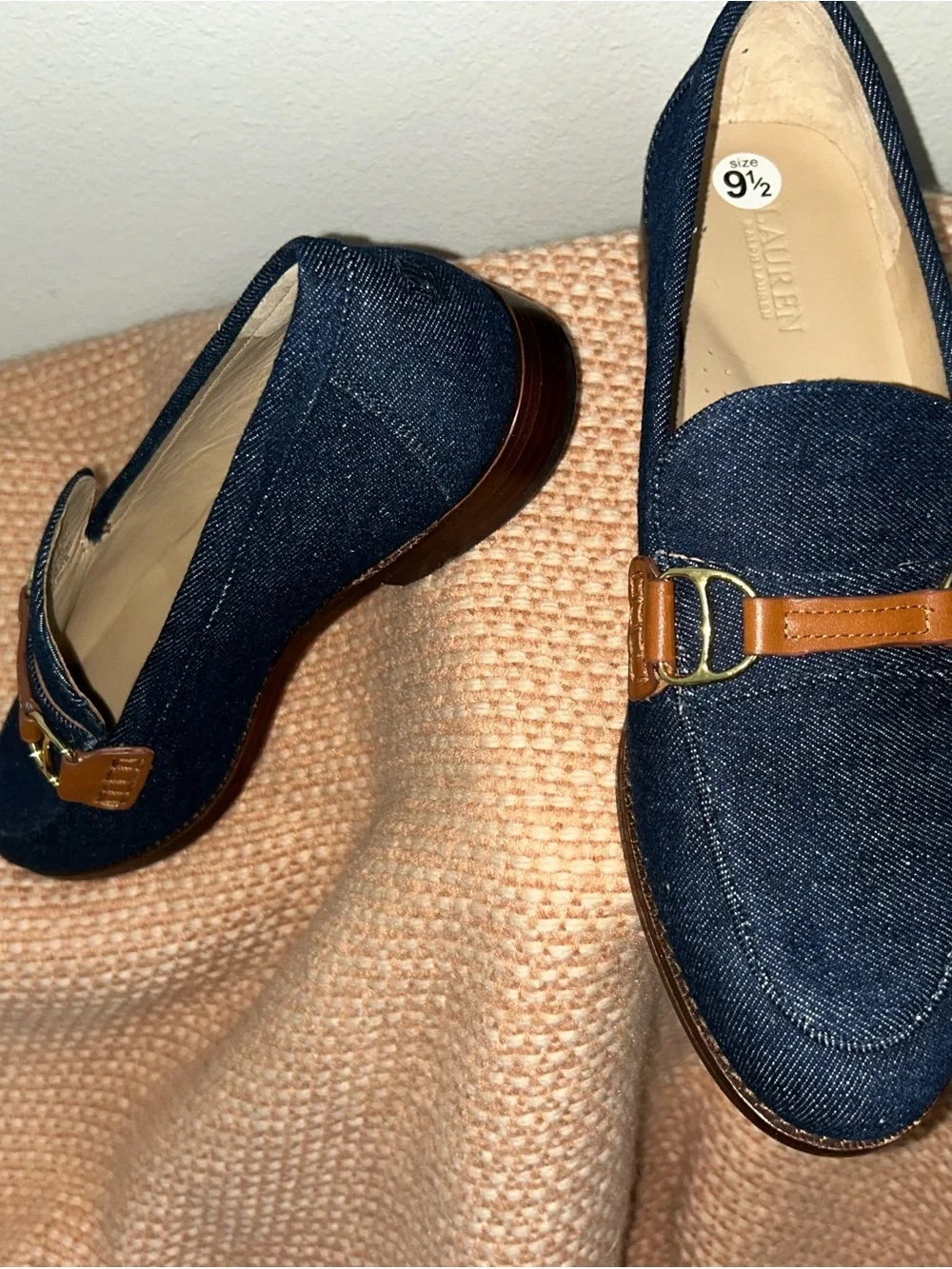 NEW Ralph Lauren Tasha Navy Denim Loafer with Brown Leather Bit Sz 9.5B